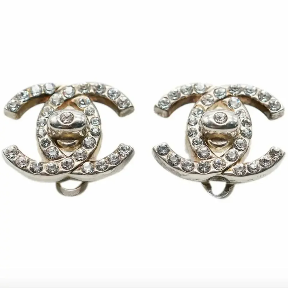 Chanel Rhinestone/Silver 1997 CC Turn lock Earrings